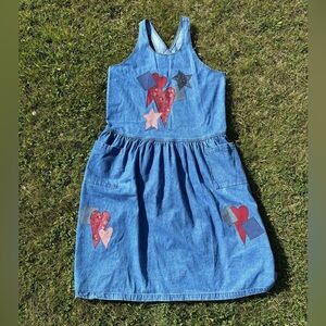 Vtg Sunbelt Denim Jean Overall Dress Jumper Pinafore Lg Blue Stars Hearts 90s